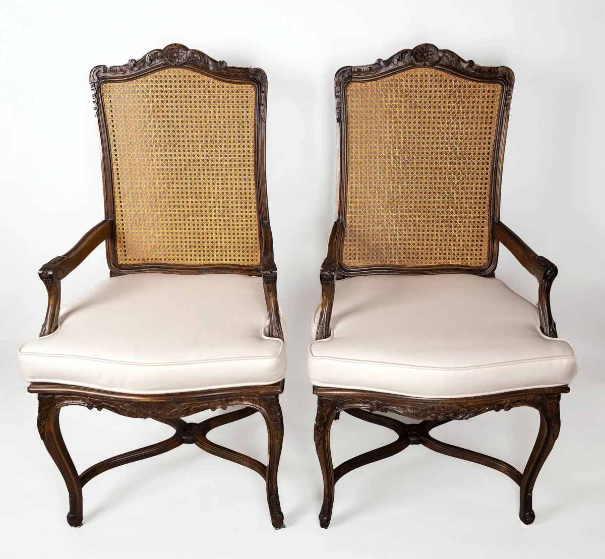 1980s Carved Wood and Cane Arm Chairs