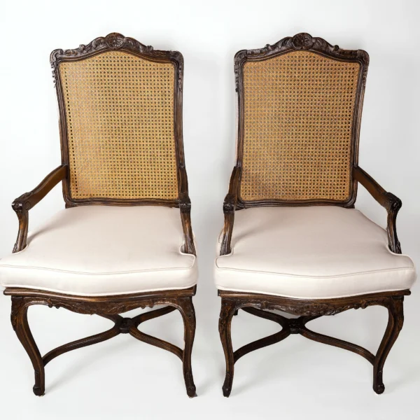 1980s Carved Wood and Cane Arm Chairs